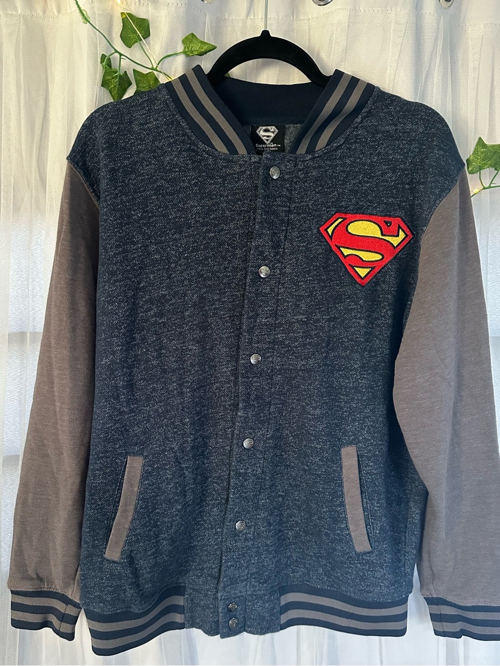 Superman mens Gray & Charcoal Varsity Jacket